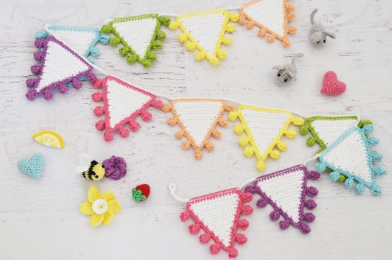 Picture of CROCHET PATTERN - Crochet Bunting - instructions to make a rainbow crochet bunting with pom-pom trim, handmade decor, crochet decorations