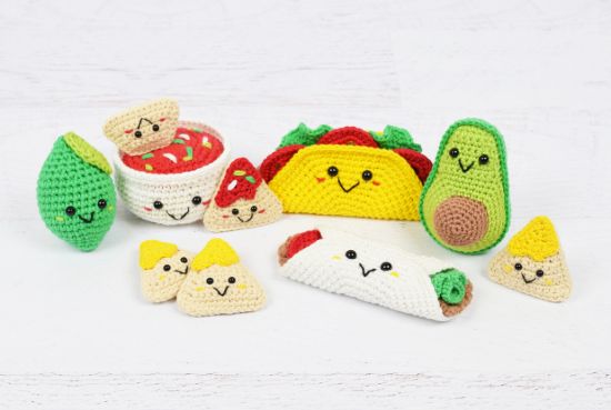 Picture of CROCHET PATTERN - Mexican Fiesta - PDF pattern includes 6 different Mexican food patterns: Avocado, Crunchy & Soft Taco, Lime, Nachos, Salsa