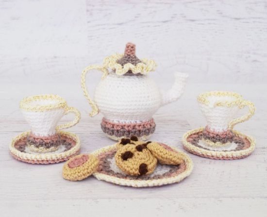 Picture of Amigurumi Crochet PATTERN - Mrs. Potts Tea and Cookies - tea set pretend play crochet food toy cookies amigurumi tea pot PDF pattern
