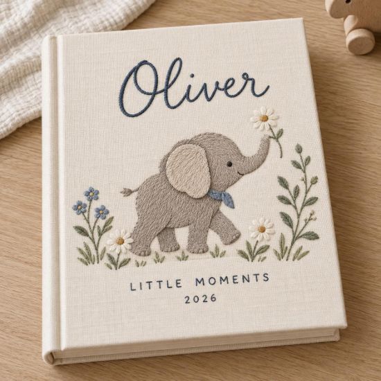 Picture of Personalized Elephant Baby Photo Album, Hand Embroidered Photo Album, Custom Name Baby Memory Book, Linen Keepsake, Baby Shower Gift