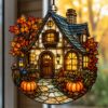 Picture of Fall Cottage Suncatcher, Stained Glass Autumn House Window Hanging, Pumpkin Cottage Acrylic Decor, Cozy Fall Home Gift Decor Halloween