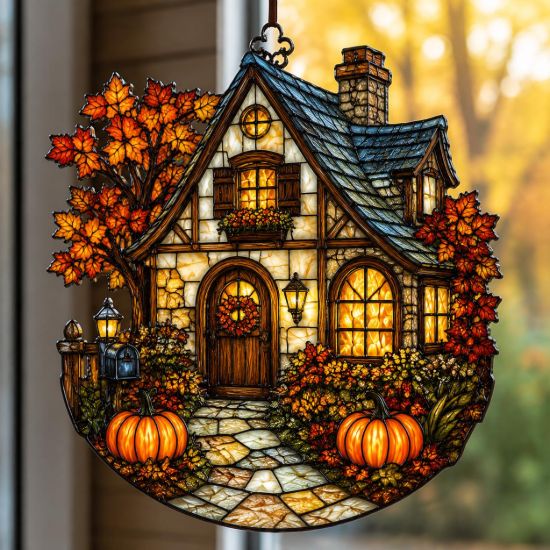 Picture of Fall Cottage Suncatcher, Stained Glass Autumn House Window Hanging, Pumpkin Cottage Acrylic Decor, Cozy Fall Home Gift Decor Halloween