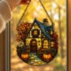Picture of Fall Cottage Suncatcher, Stained Glass Autumn House Window Hanging, Pumpkin Cottage Acrylic Decor, Cozy Fall Home Gift Decor Halloween