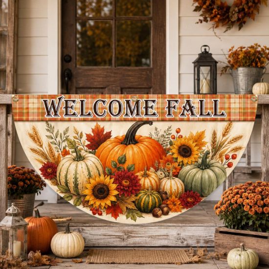 Picture of Personalized Fall Porch Banner, Welcome Fall Hanging Banner, Pumpkin Sunflower Decor, Autumn Porch Sign, Farmhouse Outdoor Decor Fall