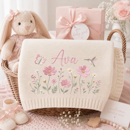 Picture of Personalized Baby Blanket with Name | Embroidered Hummingbird Floral Knit Blanket for Baby Girl |Newborn Keepsake |Baby Shower Gift for Girl